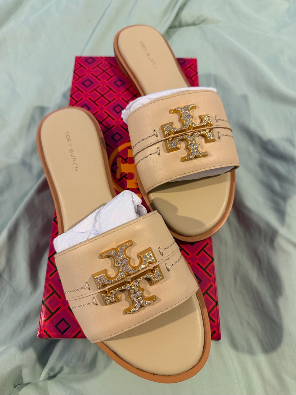 Tory Burch Everly Slide Sandals with Gold Crystal Logo Emblem